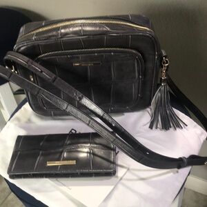 Elegant Black Croc-Embossed Bag and Wallet Set. Brahmin Bag and matching wallet